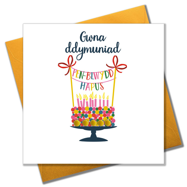 Image shows Birthday card with colourful cake illustration.