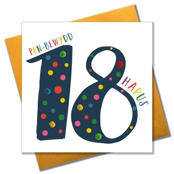 Image shows 18th Birthday card with navy 18 and colourful pom pom design.