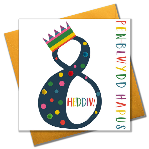 Image shows Birthday card with Blue 8 and pom pom Design.