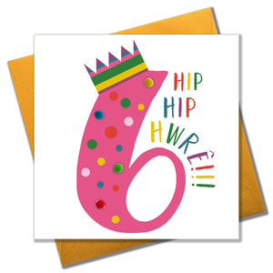 Image shows Birthday card with pink 6 design.
