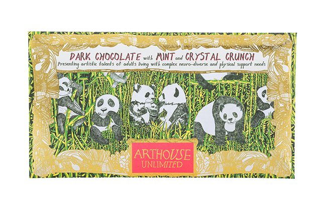 Image shows Chocolate bar with Panda illustrations and gold embelishment.