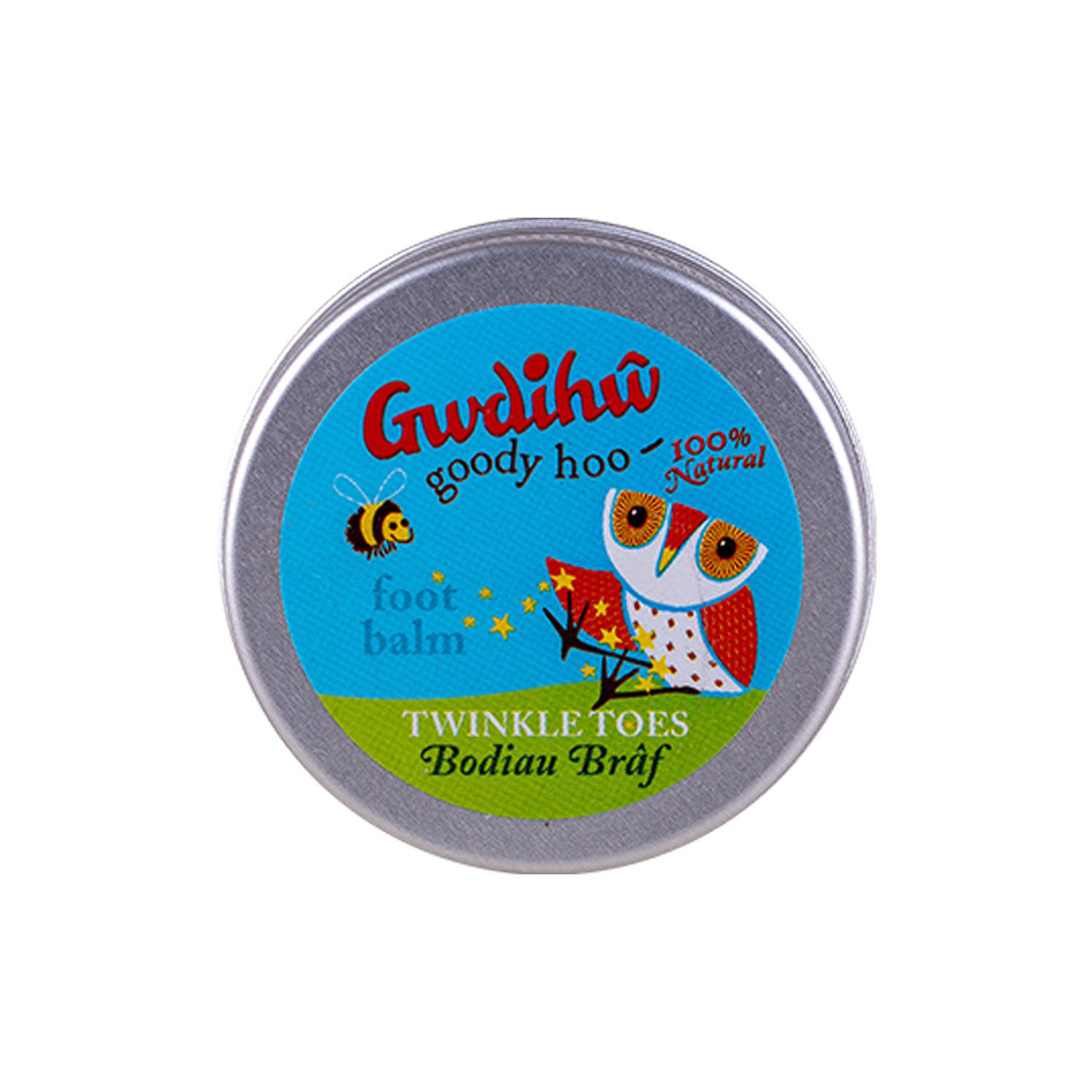 Small round tins with colourful owl illustrations.