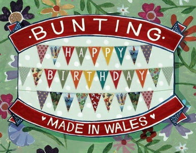 Image shows example of beautifully illustrated, colourful card bunting wich reads 'Happy Birthday'.
