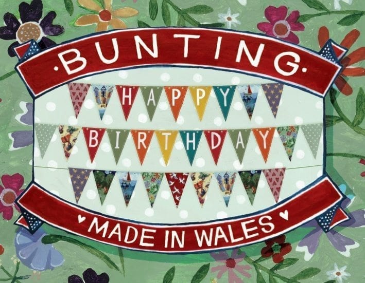 Image shows example of beautifully illustrated, colourful card bunting wich reads 'Happy Birthday'.