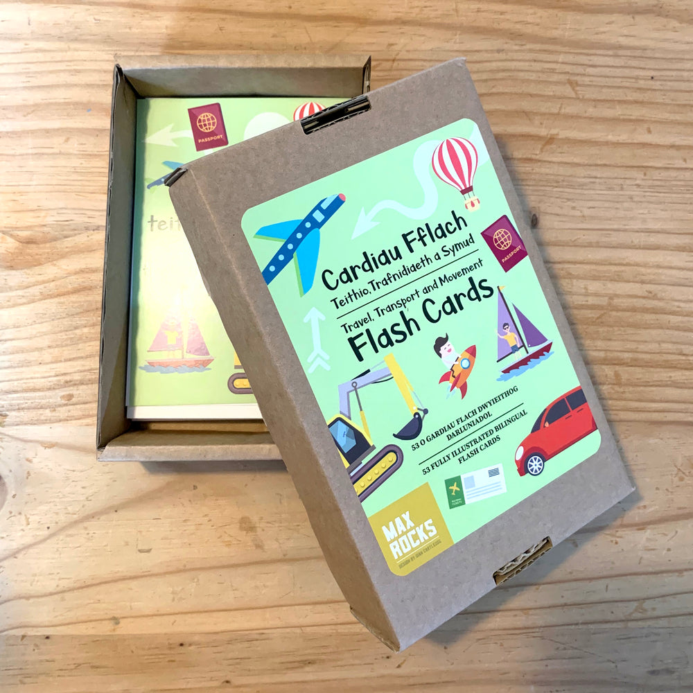Image shows box including colourfully illustrated Flash cards with Welsh words.