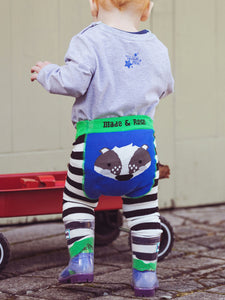 Image shows cute baby leggings with badger design on the bum.