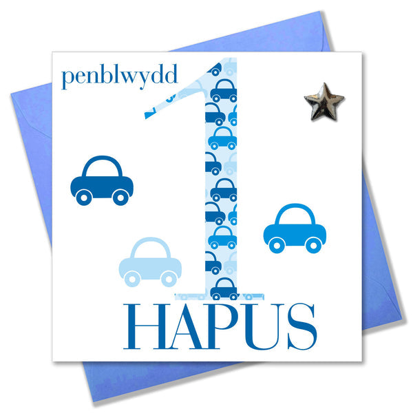 Image shows Birthday Card with blue 1 & Car Design.