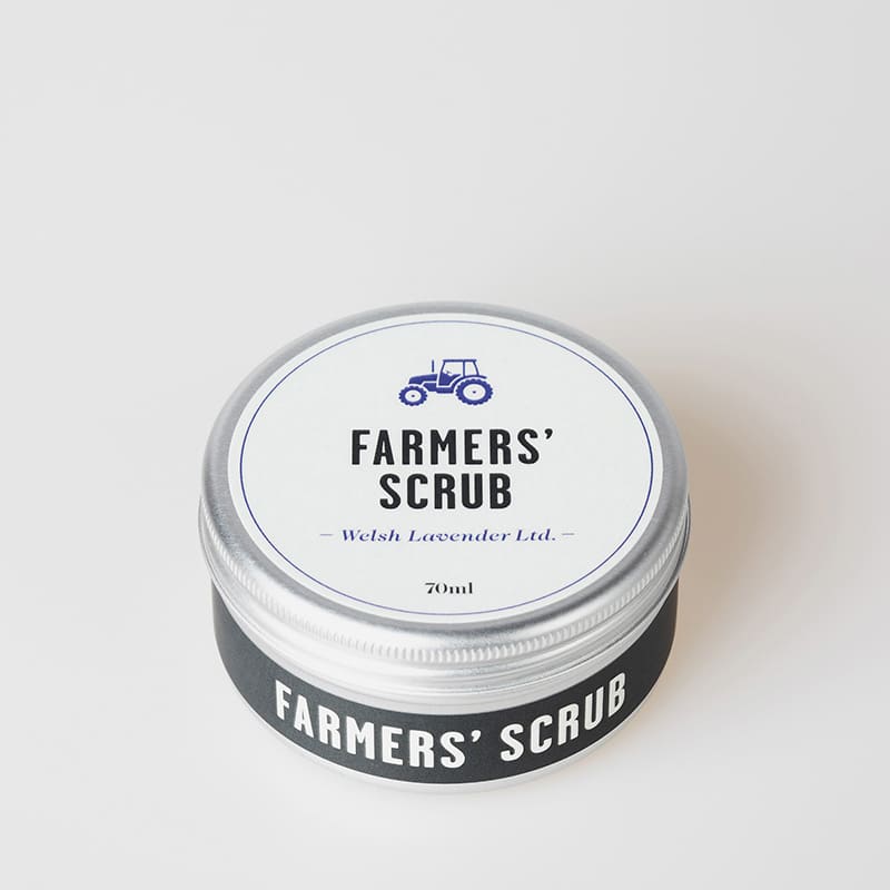 Round metal tin with 'Farmers Scrub' label in white and Lavender colours.