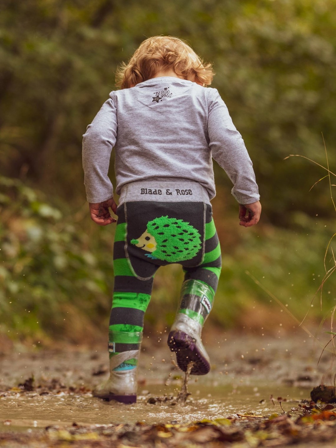 Image shows cute baby leggings with hedgehog design on the bum.