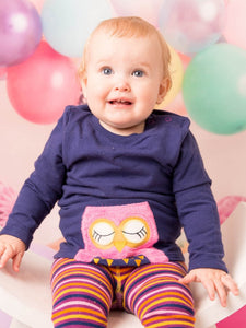 Image shows navy blue top with pink owl Design.